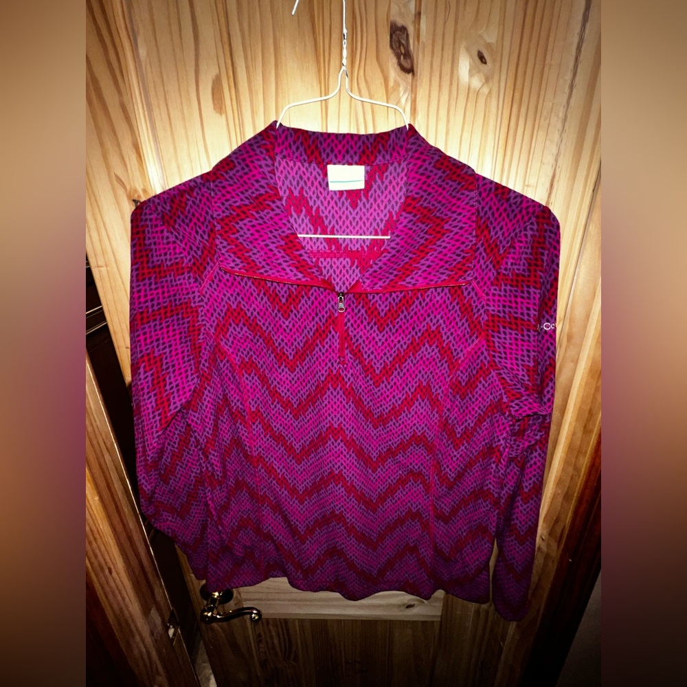 COLUMBIA 1/4 Zip Fleece Women Pullover Sweater Red Purple Print Pink XL EUC